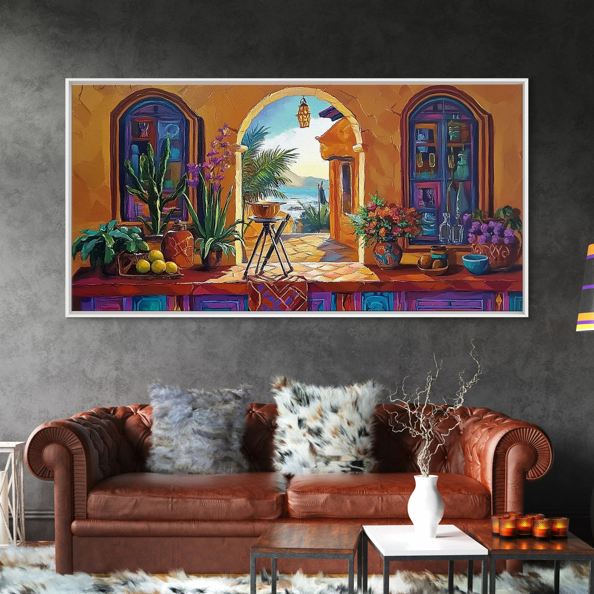 Archway Ocean, Tropical, Framed Canvas Print, Colorful tropical patio view through arch, Mexican coastal decor, Dining Wall Art