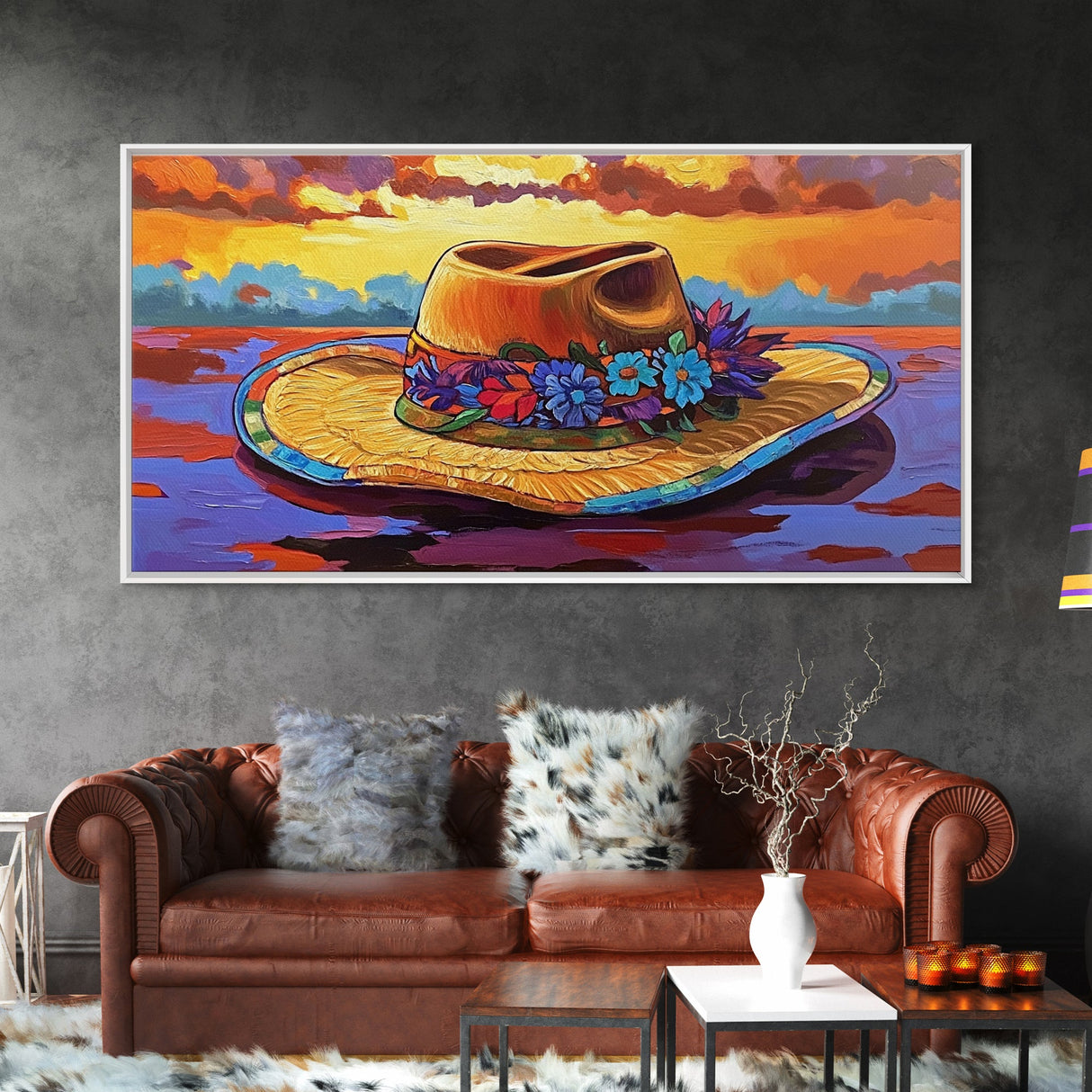 Hat Floral, Sunset, Framed Canvas Print, Boho straw hat with flowers on beach at sunset, Whimsical Summer Art, Entryway Wall Art