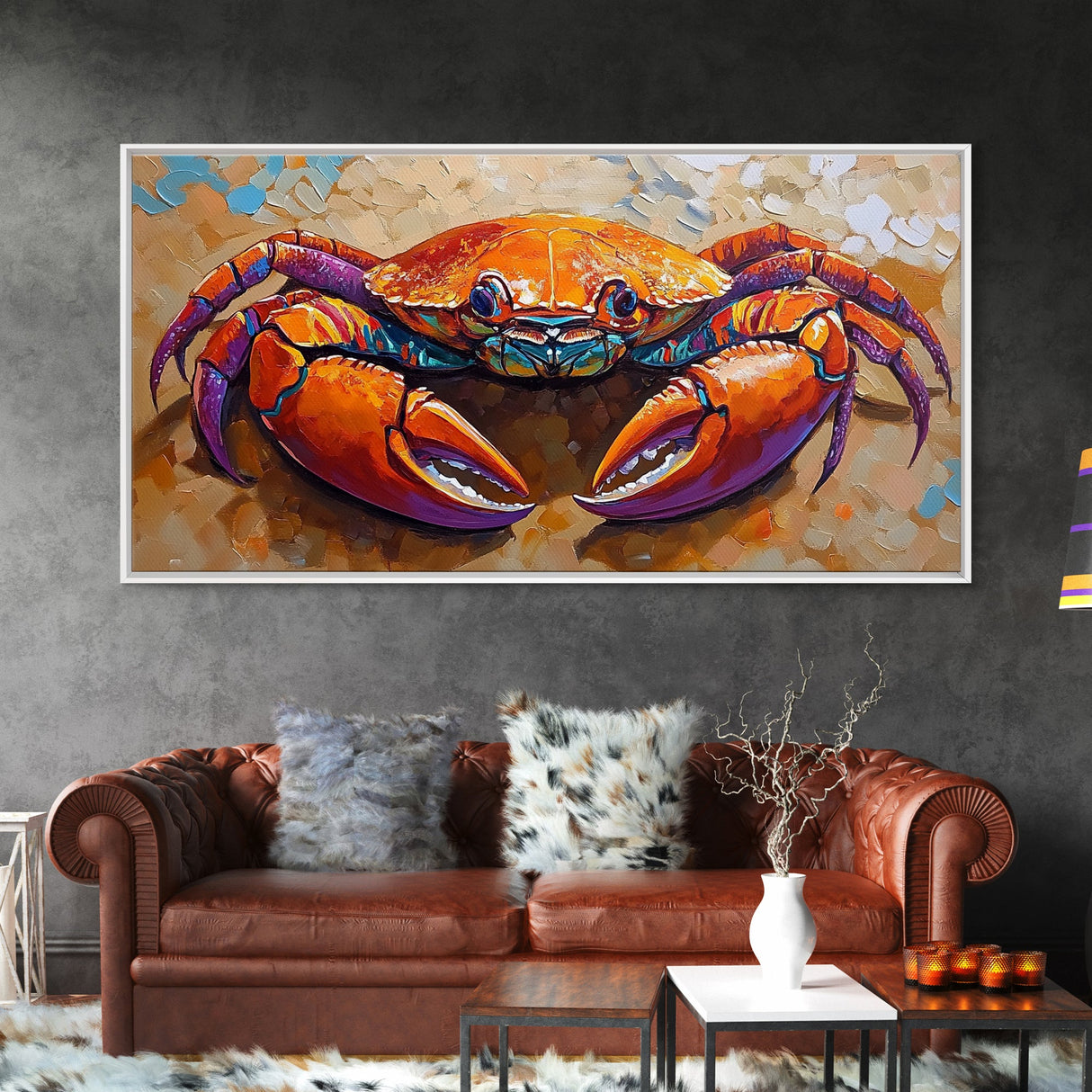 Crab Colorful, Beach, Framed Canvas Print, Brightly painted crab on sand, Ocean Kitchen Decor, Playful Beach Art, Coastal Wall Art