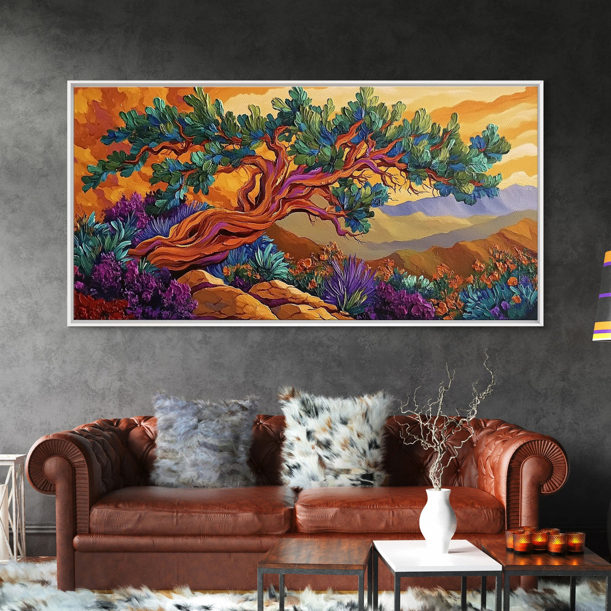 Tree Mountains, Sunset, Windswept, Canvas Print, expressive twisted pine painting, rustic boho decor, nature art, fall wall piece