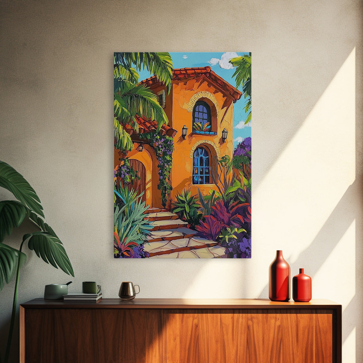 Tropical Villa, Sunset, Vibes, Framed Canvas Print, Mediterranean wall art, boho home decor, warm palette, Kitchen or Living Room