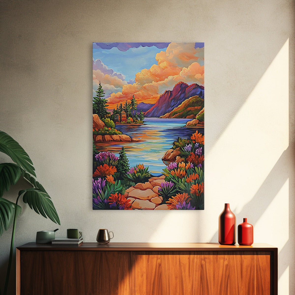 Lake Sunset, Mountains, Cabin, Framed Canvas Print, Serene mountain lake at sunset with cozy cabins, peaceful autumn living room wall art