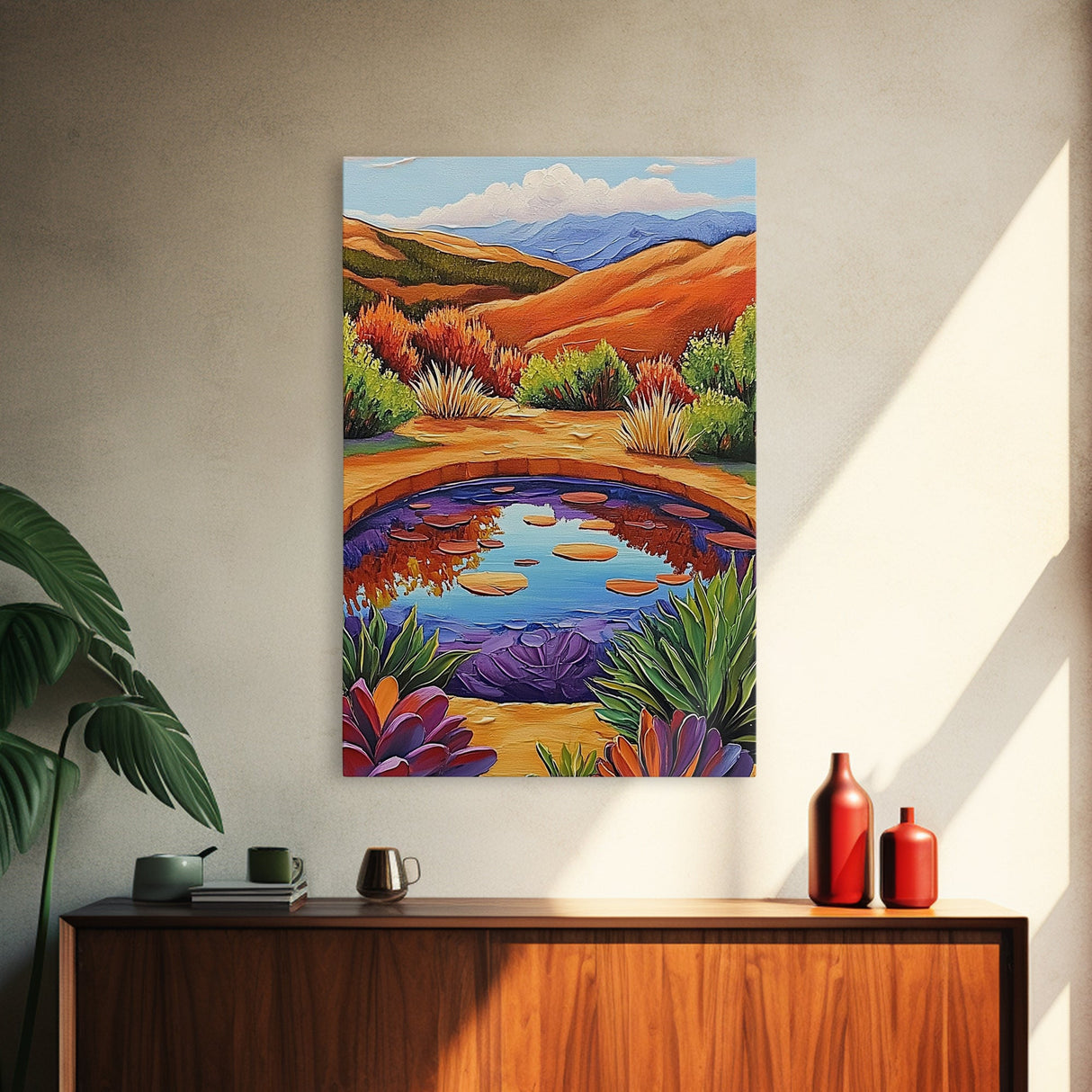 Pond Reflection, Nature, Desert, Framed Canvas Print tranquil desert pond painting, colorful reflection landscape art, entryway wall decor