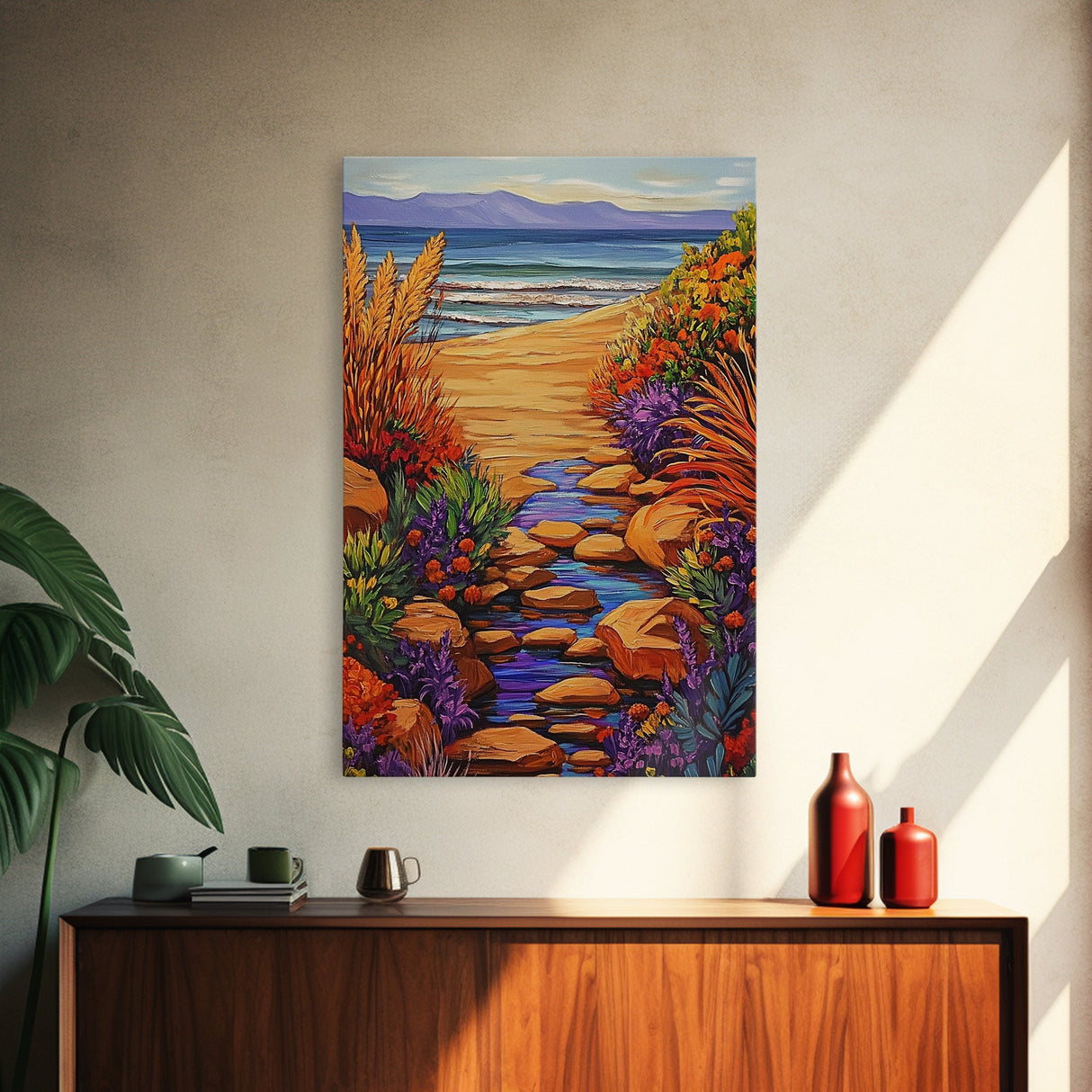 Path Ocean, Flowers, Shoreline, Framed Canvas Print, Bright coastal landscape, colorful wildflower path, Bathroom or Entryway Wall Art