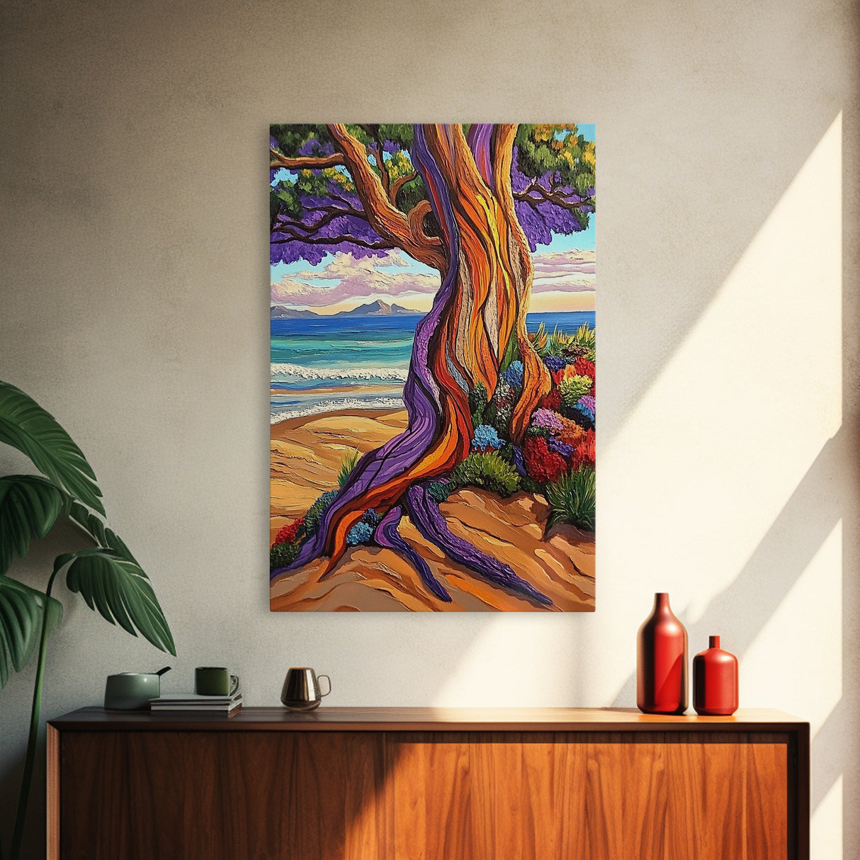 Tree Shore, Coastal, Vibrant, Canvas Print, Bold beach tree painting, tropical landscape art, Living Room or Beach House Wall Decor