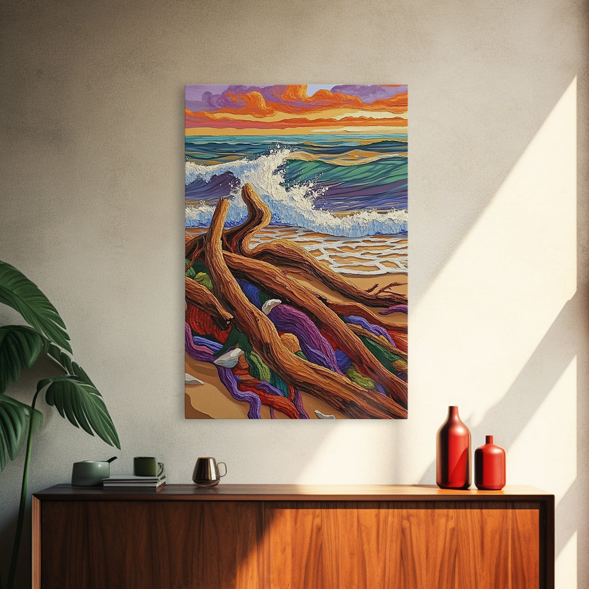 Driftwood Waves, Beach, Sunset, Framed Canvas Print, Coastal stormy beach scene, textured seascape painting, Nautical Bathroom Wall Art