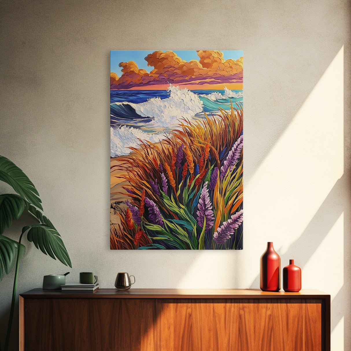 Waves Cliff, Paradise, Splash, Framed Canvas Print, Tropical beach wall art, ocean wave painting, coastal home décor, island vibes