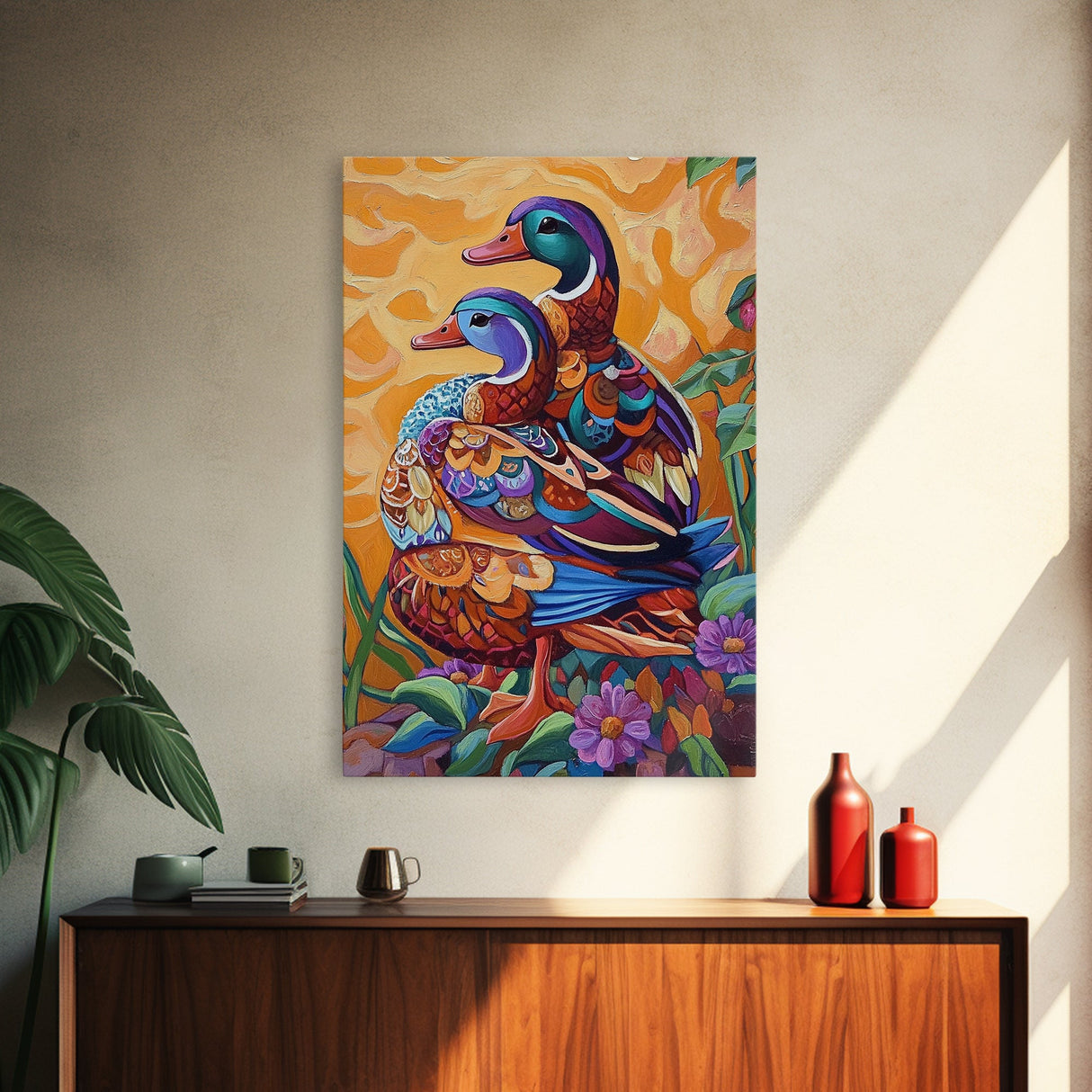 Ducks Colorful, Whimsical, Pair, Framed Canvas Print, Animal couple wall art, farmhouse nursery artwork, folk style bird painting