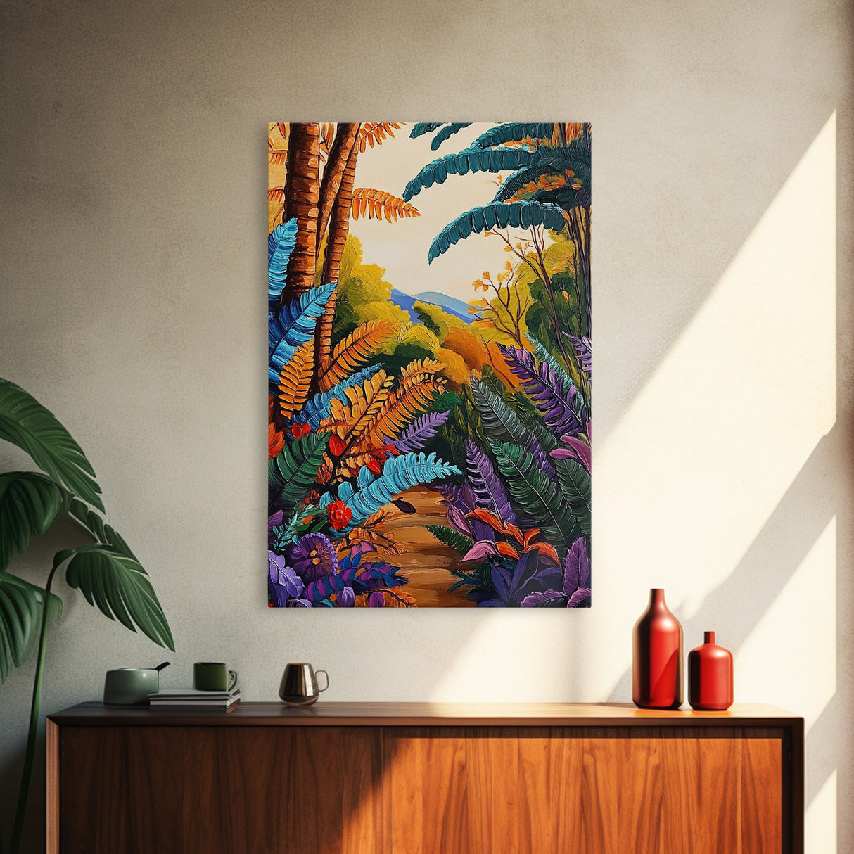 Tropical Jungle, Foliage, Path, Framed Canvas Print, Vibrant Botanical Wall Art, Boho Living Room Decor, Colorful Nature Painting