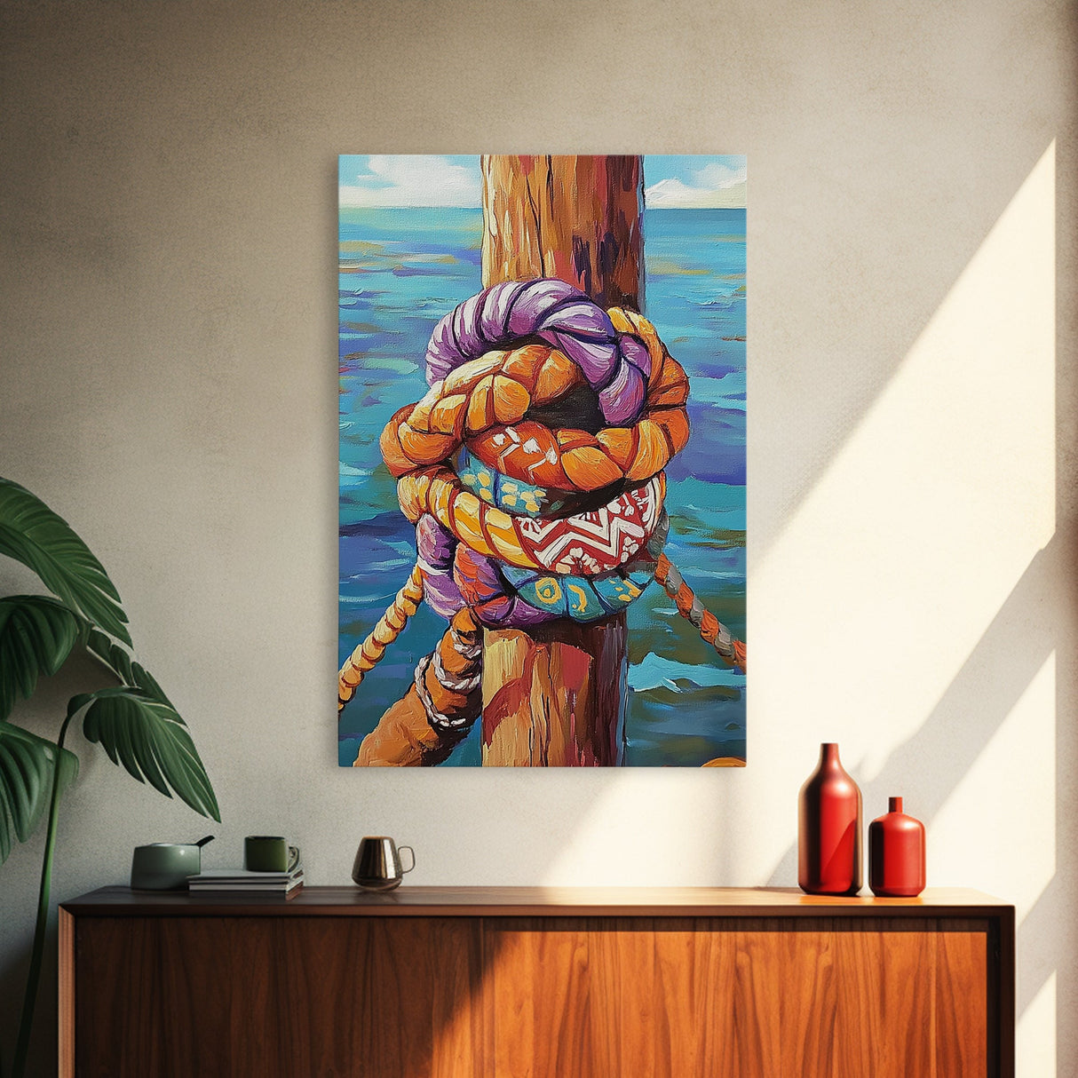 Nautical Knot, Dock, Ocean, Framed Canvas Print, Coastal Wall Art, Beach House Decor, Colorful Seaside Painting, Boat Lover Gift