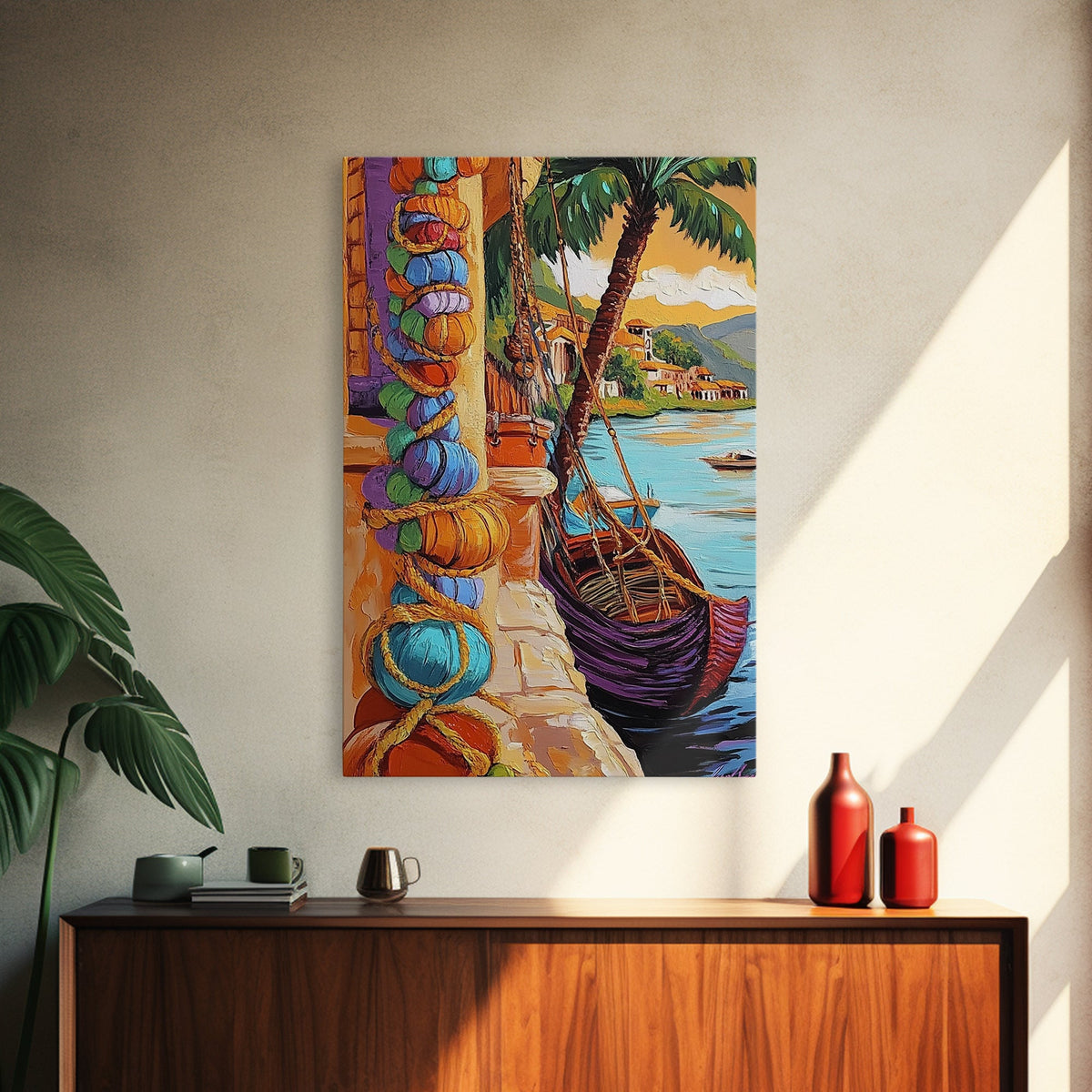 Tropical Boat, Village, Shoreline, Canvas Print, Coastal Wall Art, Vibrant Travel Scene, Boho Seaside Decor, Beach House Painting