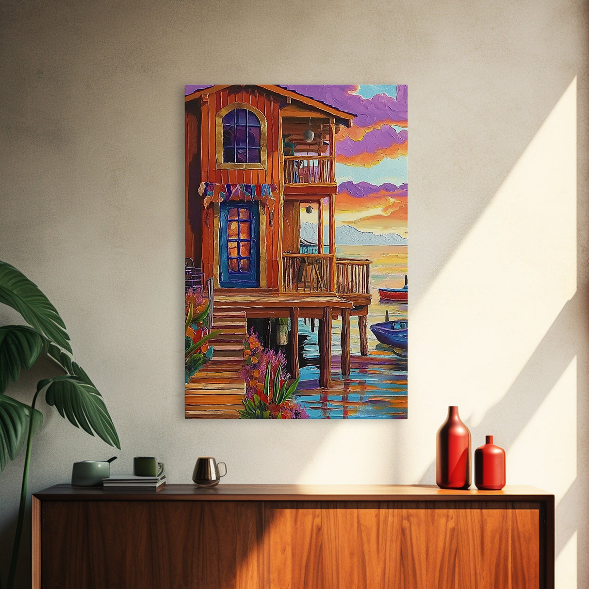Tropical Sunset, House, Dock, Framed Canvas Print vibrant coastal house wall art, beach wall decor, sunset painting, tropical room decor