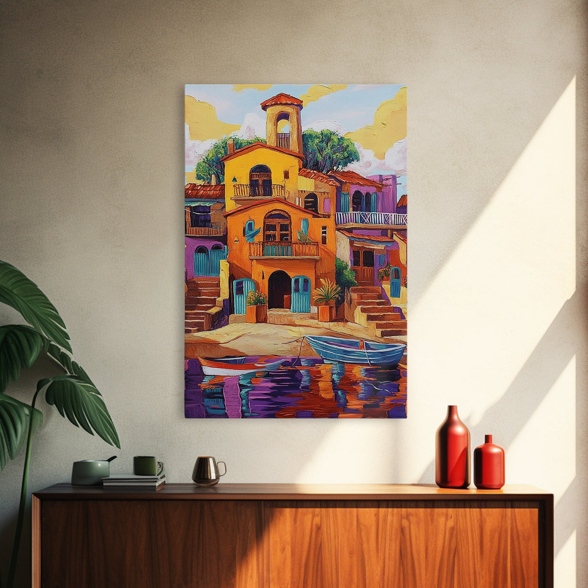 Village Boats, Reflections, Summer, Framed Canvas Print, coastal village wall art, Mediterranean canvas, kitchen decor, nautical rustic home