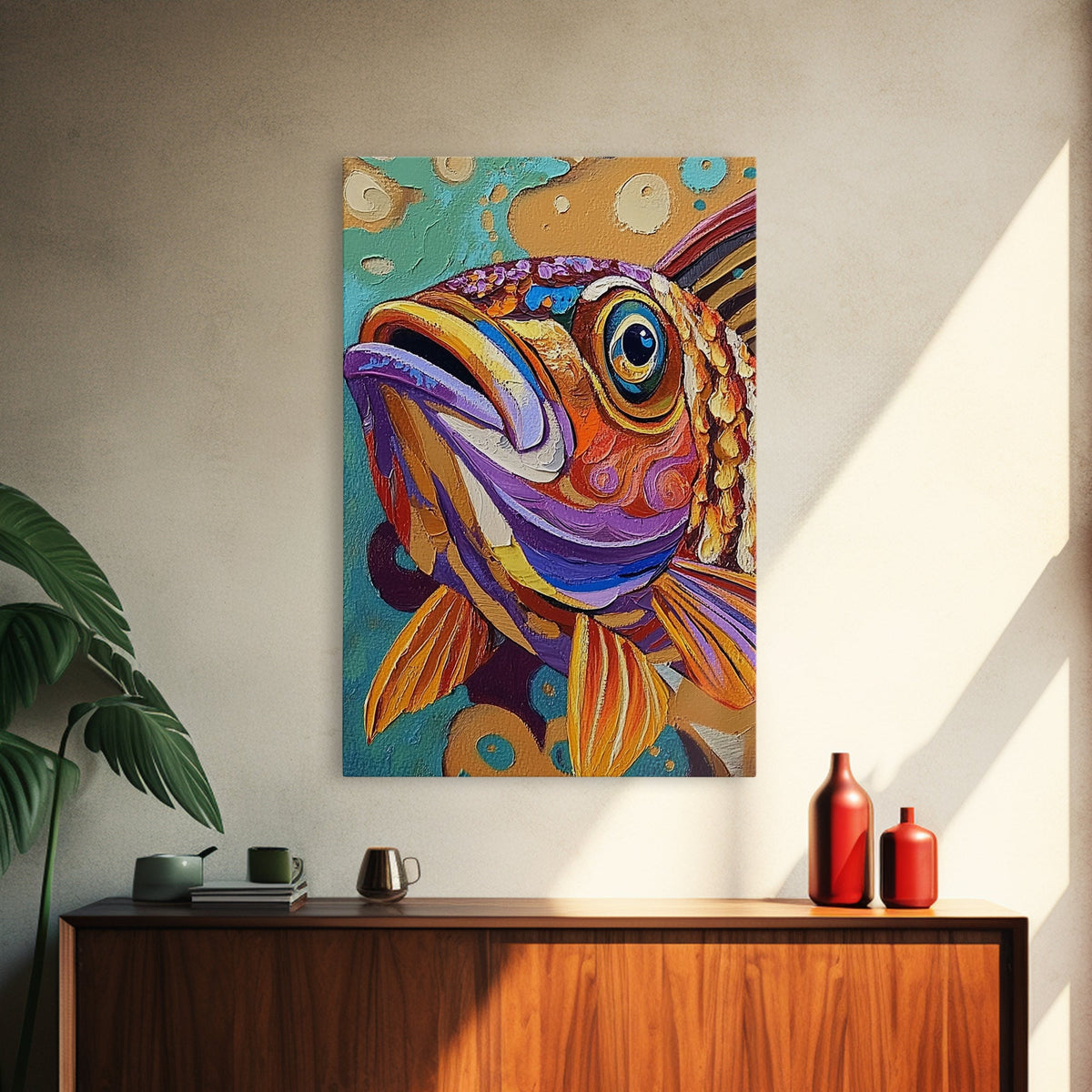 Fish Colorful, Tropical, Bold, Framed Canvas Print, vibrant ocean art, coastal bathroom decor, abstract tropical fish painting, boho beach