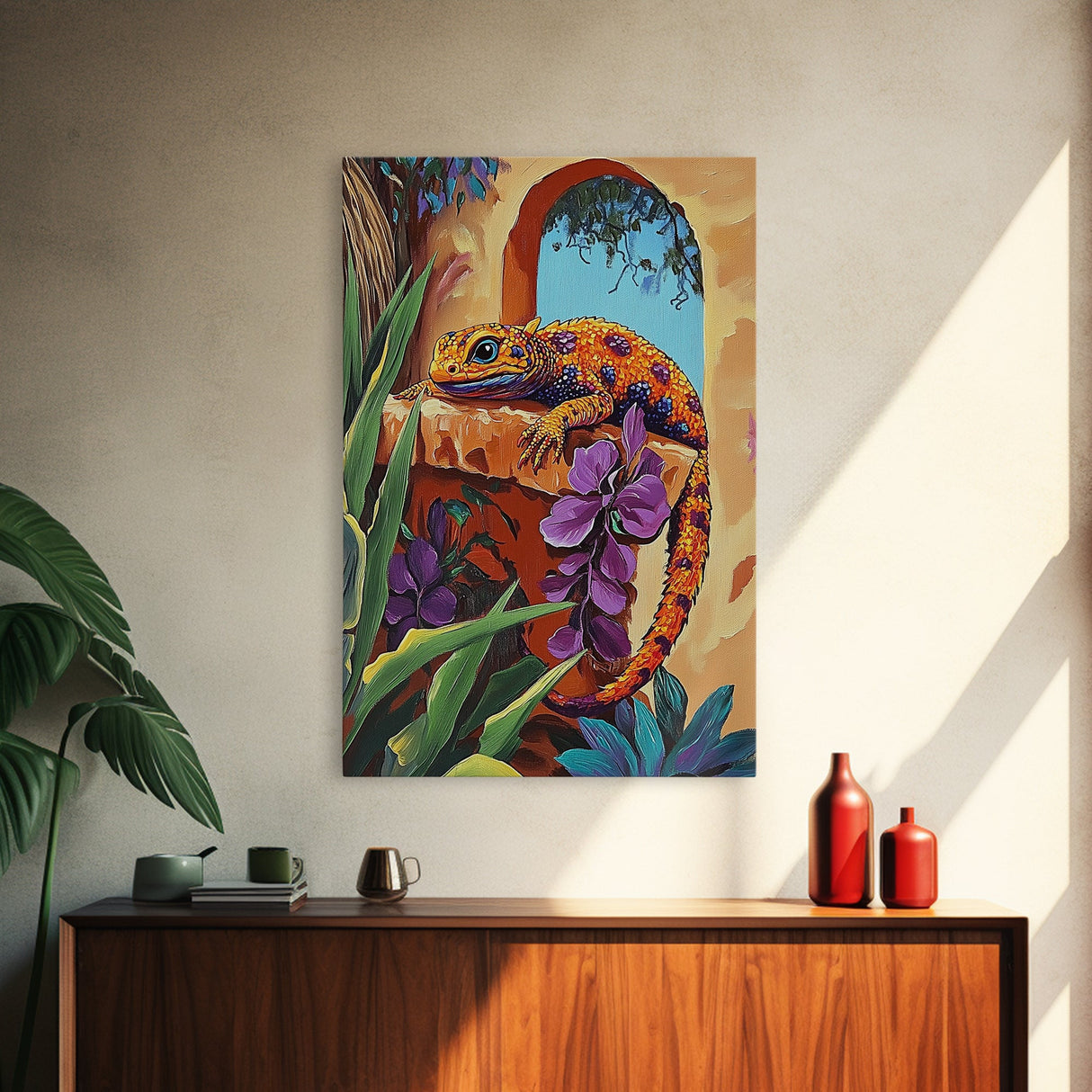 Gecko Tropical, Garden, Framed Canvas Print, Colorful Lizard Art, Desert Wall Decor, Nature Inspired Boho Art, Bathroom art, Patio Wall Art