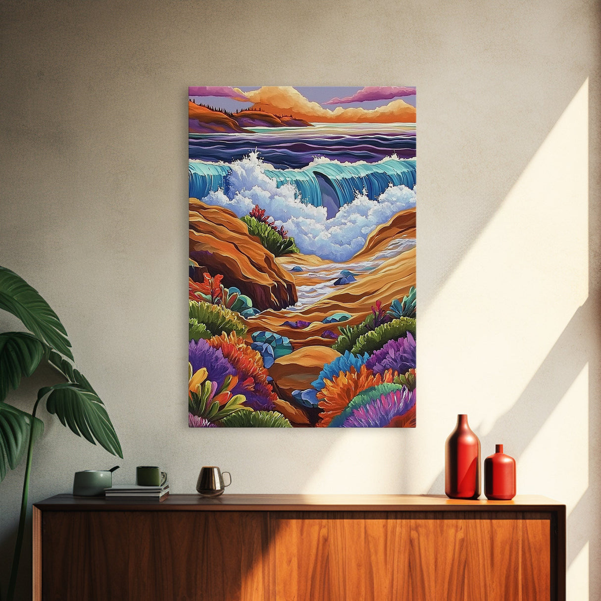 Ocean Rocks, Colorful, Framed Canvas Print, Coastal Sunset Wall Art, Bold Ocean Waves Decor, Living Room Statement Piece, Nature Art Print