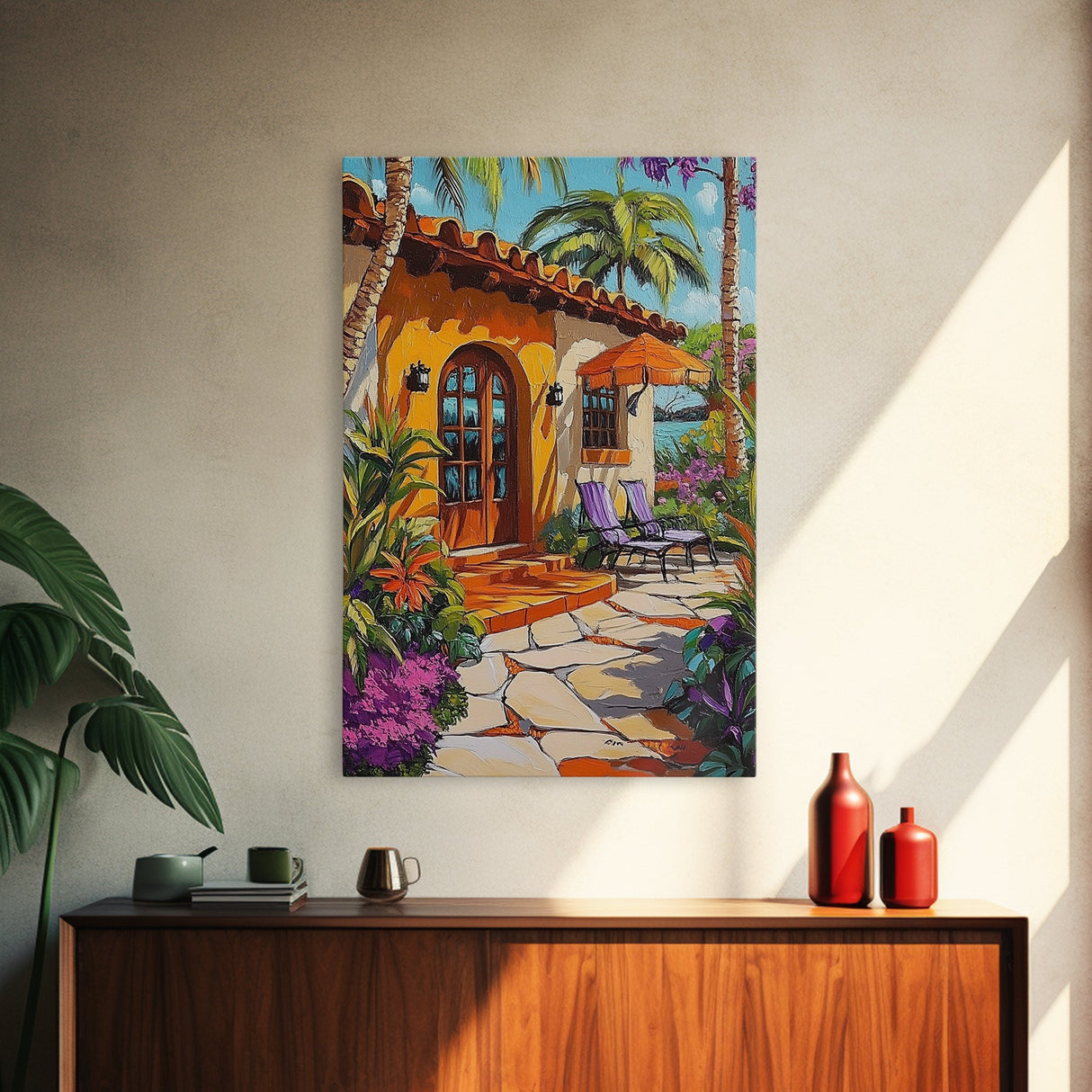 Villa Poolside, Palm, Paradise, Framed Canvas Print, tropical patio wall art, coastal Mediterranean decor, outdoor relaxation art, boho vibe
