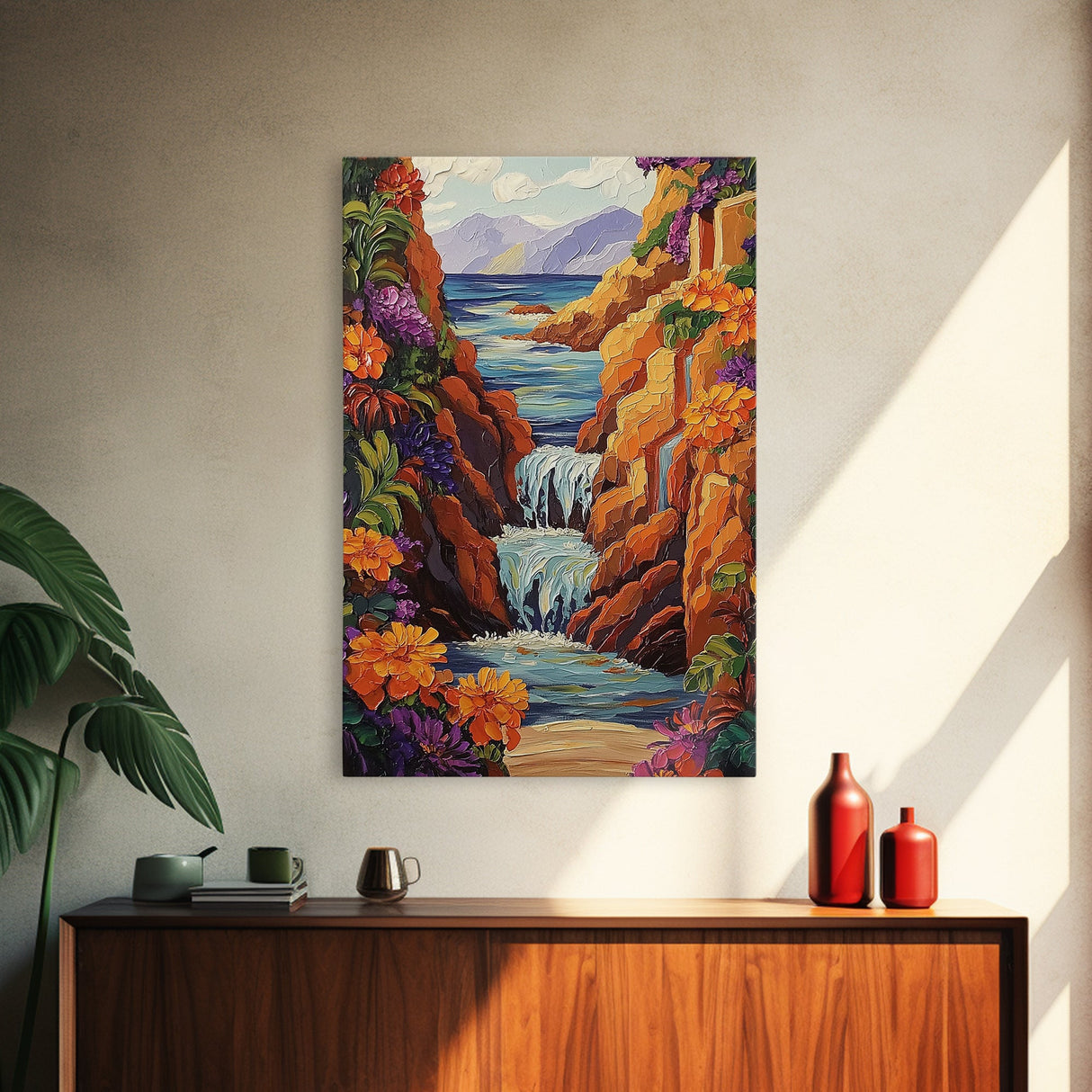 Waterfall Cliffs, Ocean, Framed Canvas Print, Tropical Canyon Wall Art, Colorful Nature Inspired Decor, Bathroom art, Entryway Wall Art