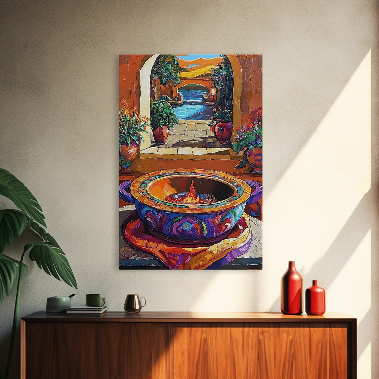 Fire Pottery, Patio, Colorful Framed Canvas Print, Rustic Kitchen Wall Art, Hacienda Style Decor, Bold Mexican Art, Autumn Home Accent