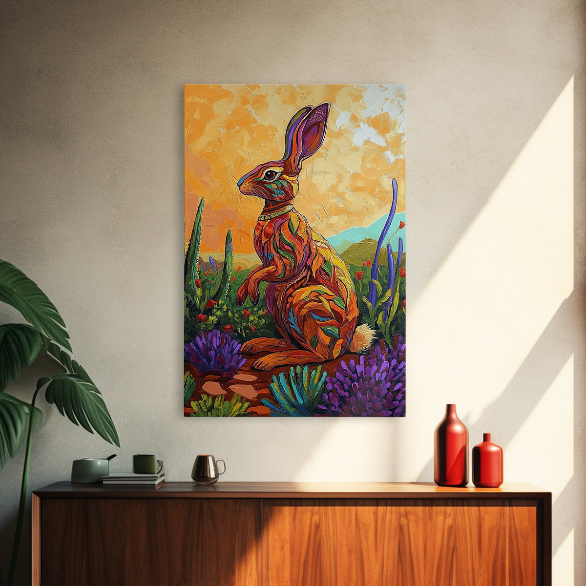 Bunny Cactus, Desert, Whimsical Framed Canvas Print, Eclectic Living Room Wall Art, Boho Southwest Decor, Colorful Animal Painting