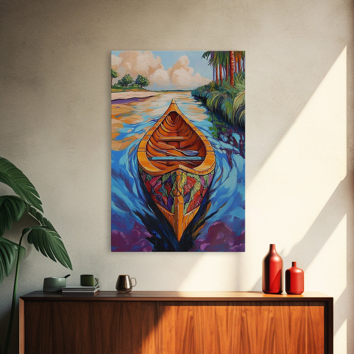 Boat Jungle, Paddle, Colorful Canvas Print, Adventure Nursery Wall Art, Tropical Nature Decor, Bright Travel Inspired Painting