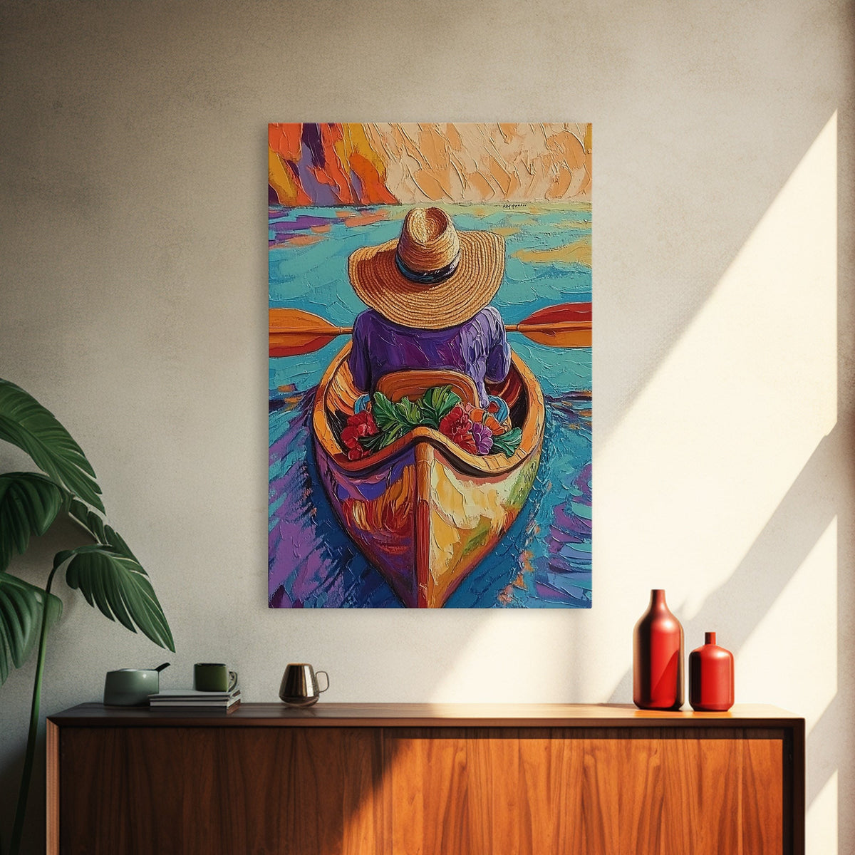Hat River, Canoe, Bright Framed Canvas Print, Relaxing Boho Wall Art, Colorful Nature Lover Gift, Unique Summer Travel Vibes