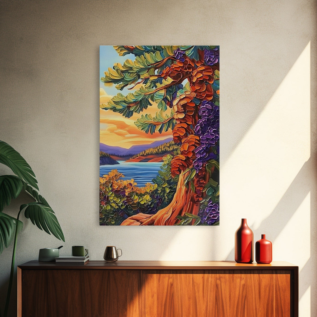 Tree Lake, Mountains, Nature, Framed Canvas Print, pine tree art, autumn landscape wall decor, cozy cabin or lodge art, textured style