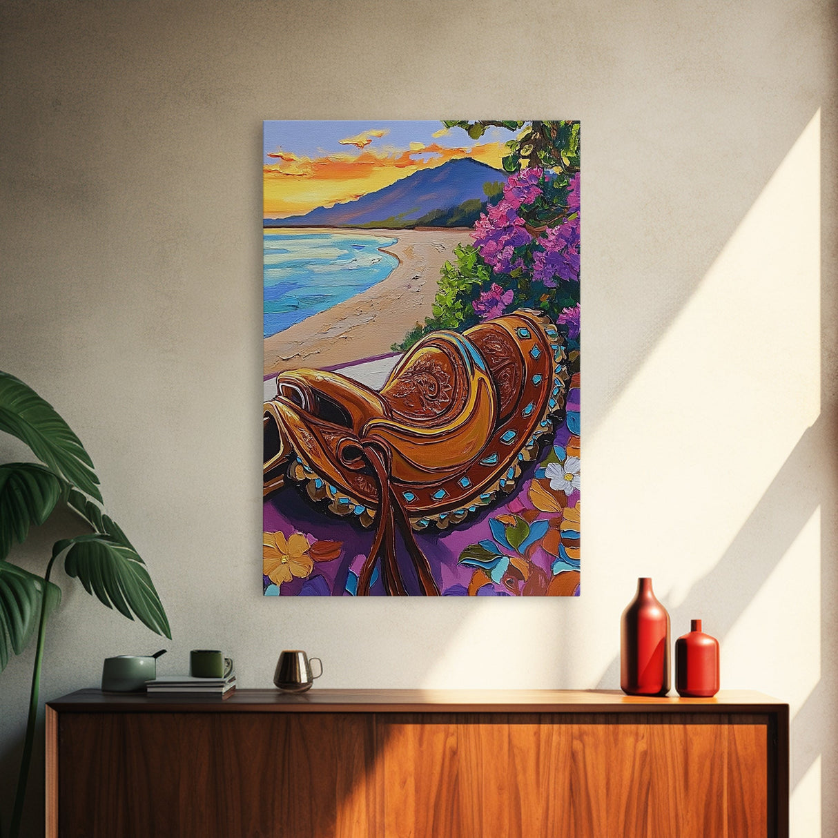 Saddle Sunset, Coastal, Rustic, Framed Canvas Print, Coastal Wall Art, Western Sunset Decor, Rustic Summer Vibes, Living Room Boho Artwork