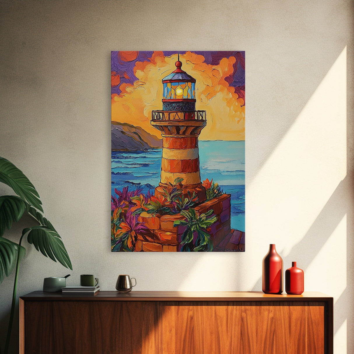 Lighthouse Ocean, Sunset, Boho, Framed Canvas Print, Lighthouse Wall Art, Coastal Decor, Nautical Sunset Canvas, Living Room Boho Artwork
