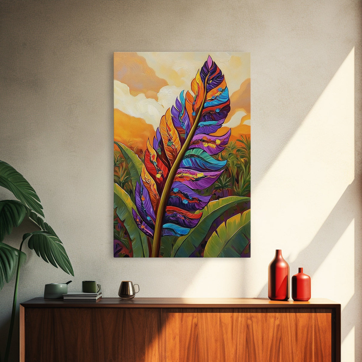 Tropical Feather, Sunset, Boho, Framed Canvas Print, Tropical Feather Wall Art, Sunset Jungle Decor, Boho Botanical Artwork, Bedroom Accent