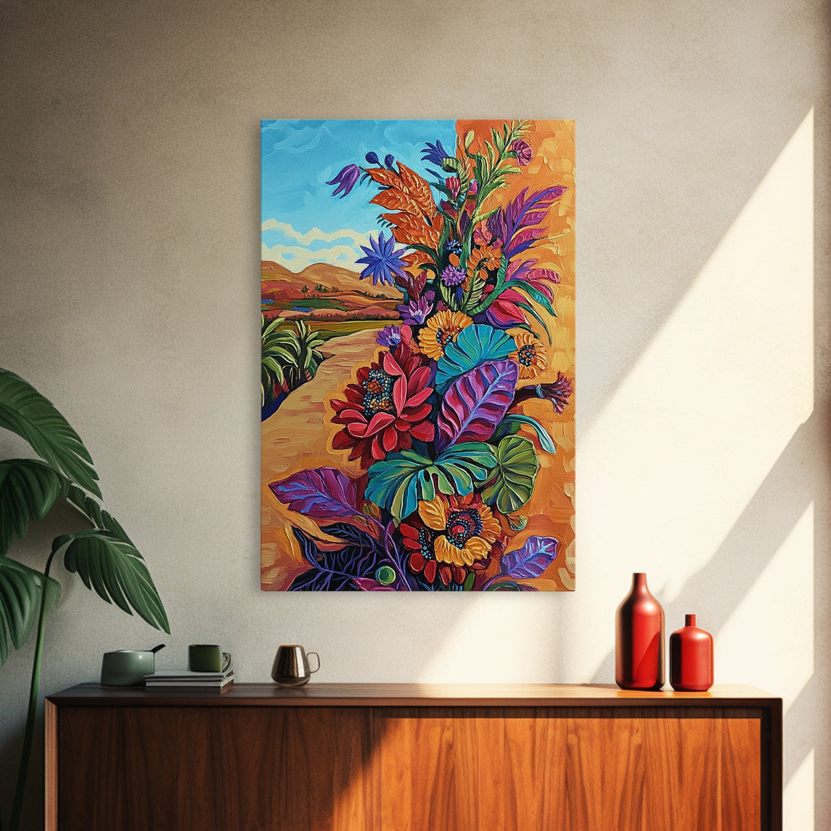 Desert Blooms Roadside, Boho, Framed Canvas Print, Wild Desert Bloom Art, Colorful Flower Canvas, Garden Wall Decor, Southwest Living Room