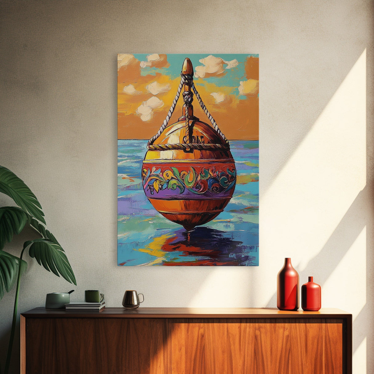 Buoy Sea, Sunset, Nautical Ocean Wall Art, Beach House Decor, Coastal Colorful Accent, Tropical Framed Canvas Print