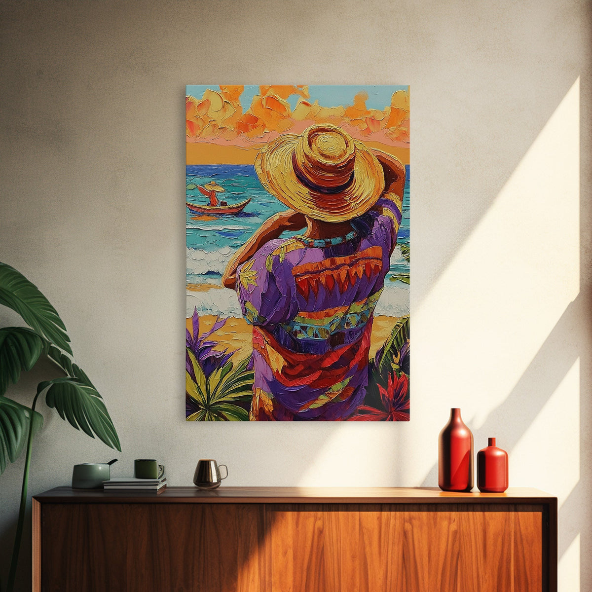 Seaside Man, Sunset, Framed Canvas Print, Vibrant beach artwork, coastal boho decor, hallway wall art, Mexico travel scene painting