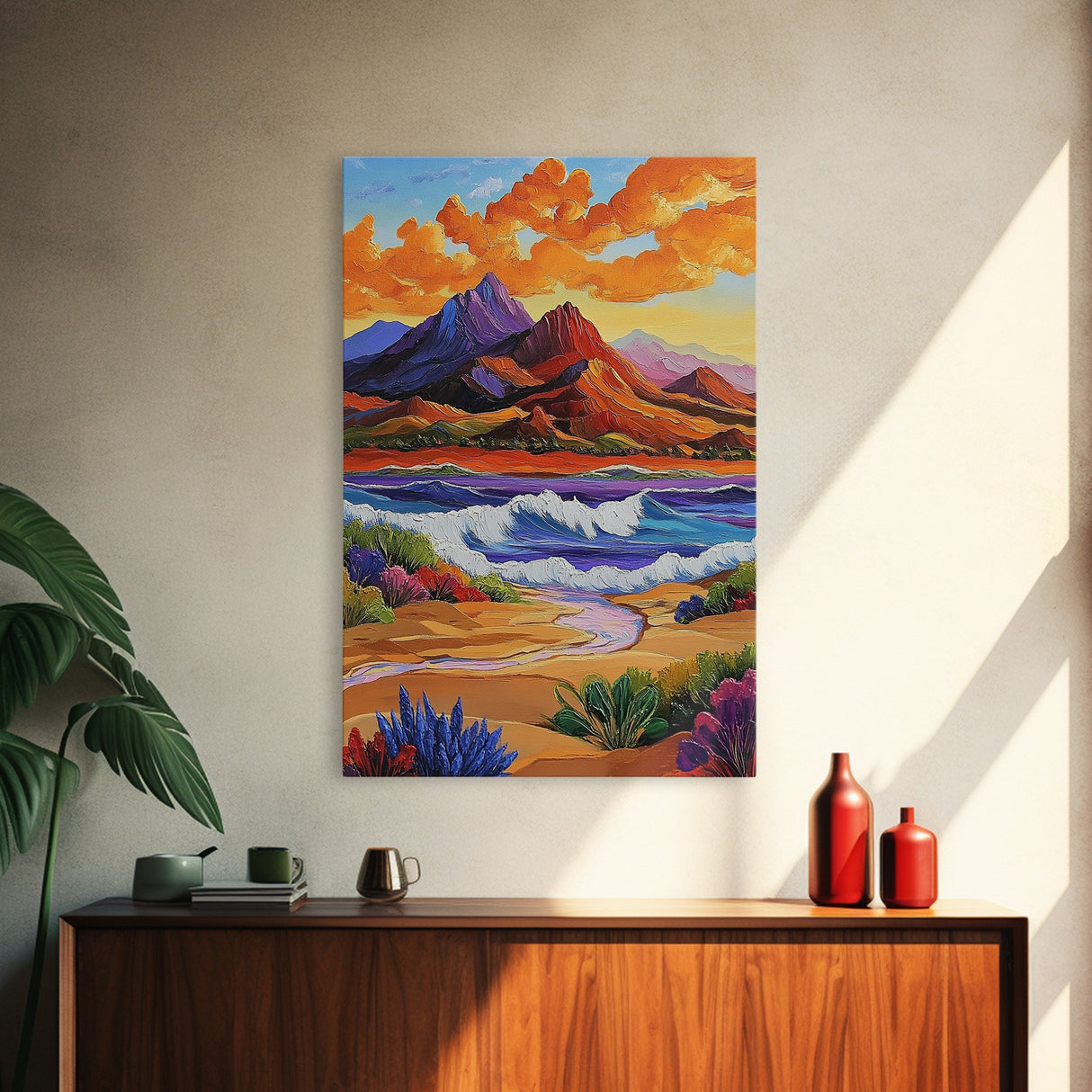 Mountain Coast, Sunset, Bold Desert Landscape Painting, Nature Adventure Art, Office Wall Decor, Framed Canvas Print
