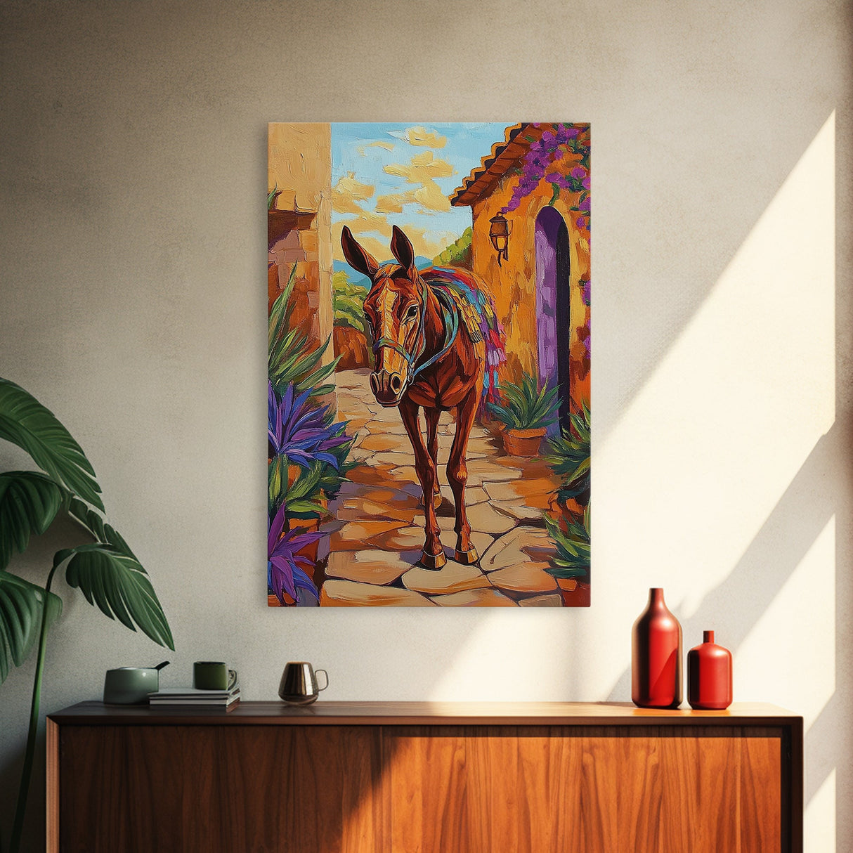 Donkey Village, Rustic, Whimsy, Framed Canvas Print, Southwestern Farmhouse Decor, Colorful Animal Wall Art, Entryway Accent Piece