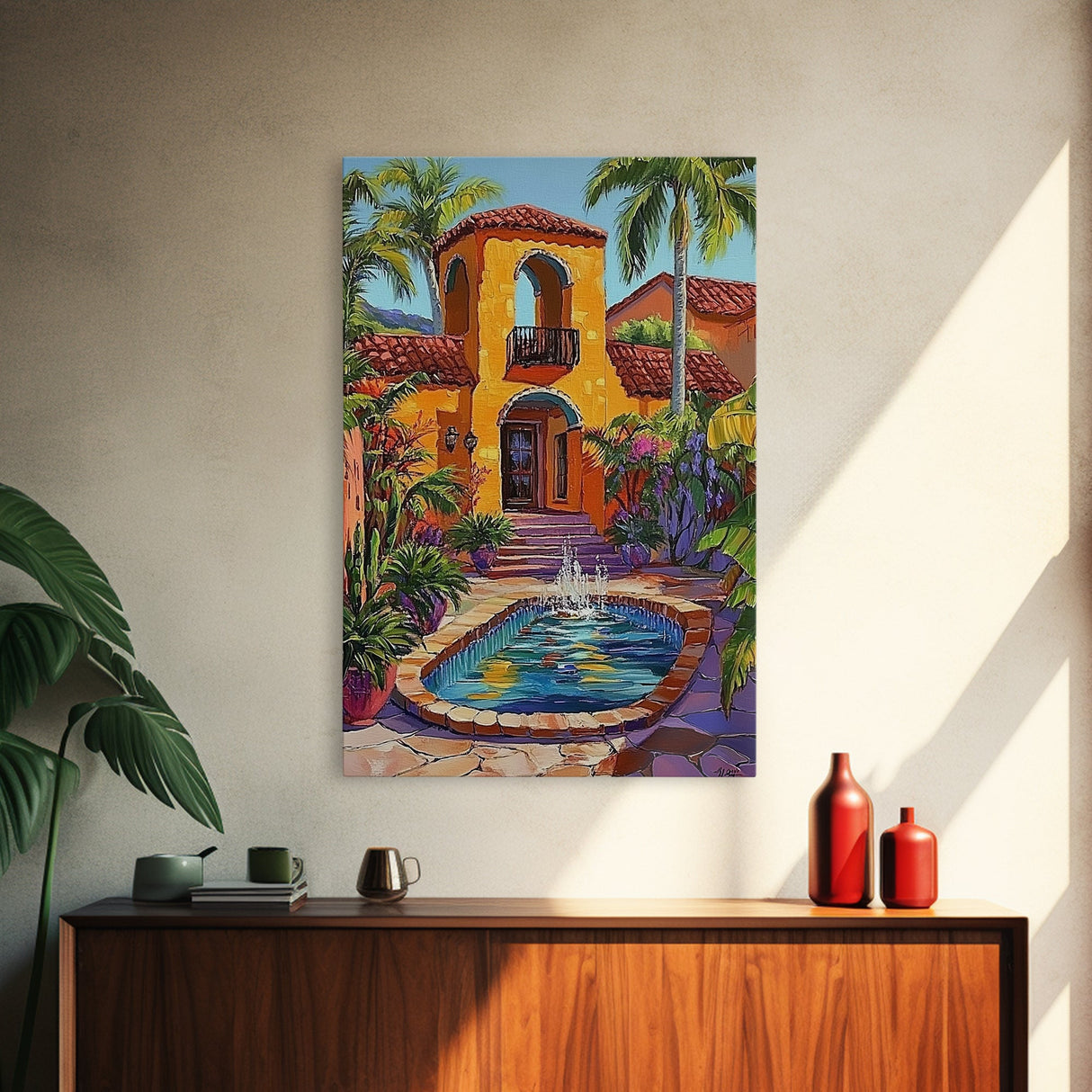 Spanish Fountain, Courtyard, Tropical, Framed Canvas Print, Vibrant Summer Wall Art, Hacienda Living Room Decor, Eclectic Boho Style