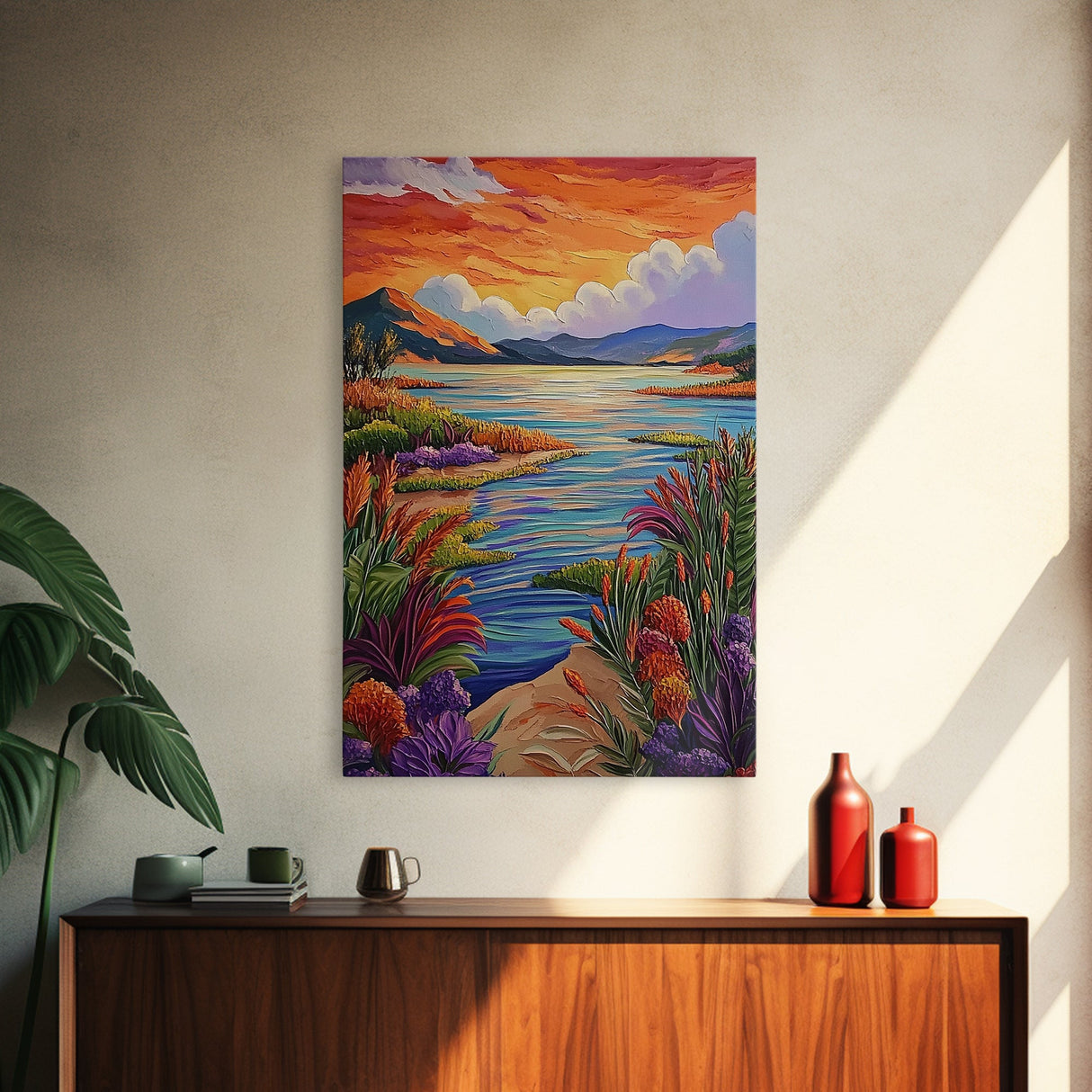 Lake Sunset, Wildflowers, Peaceful, Framed Canvas Print, Serene Nature Wall Art, Bedroom or Living Room Decor, Vibrant Landscape Style