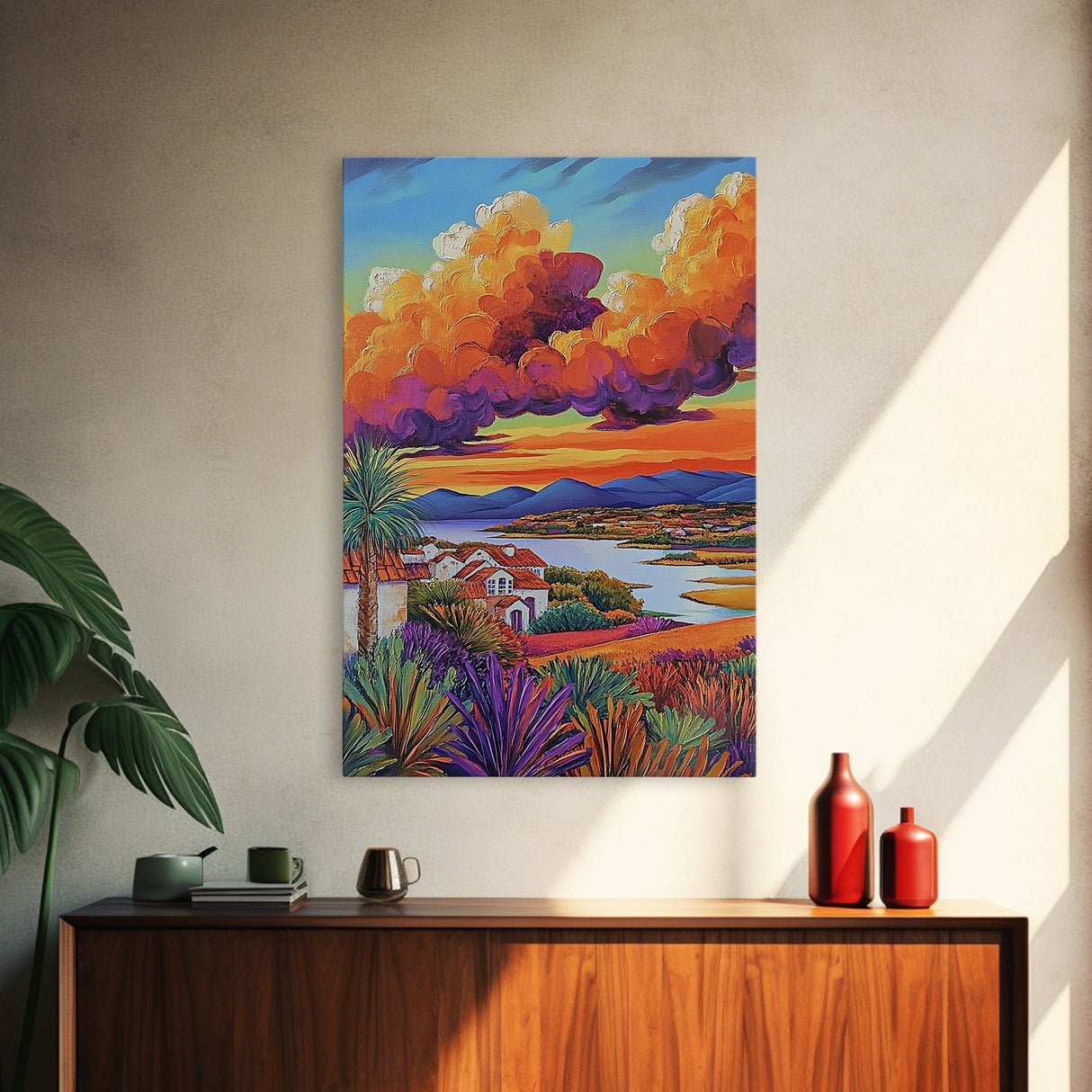 Village Sunset, Clouds, Landscape, Framed Canvas Print, Colorful Scenic Wall Art, Rustic Living Room Decor, Mediterranean Countryside