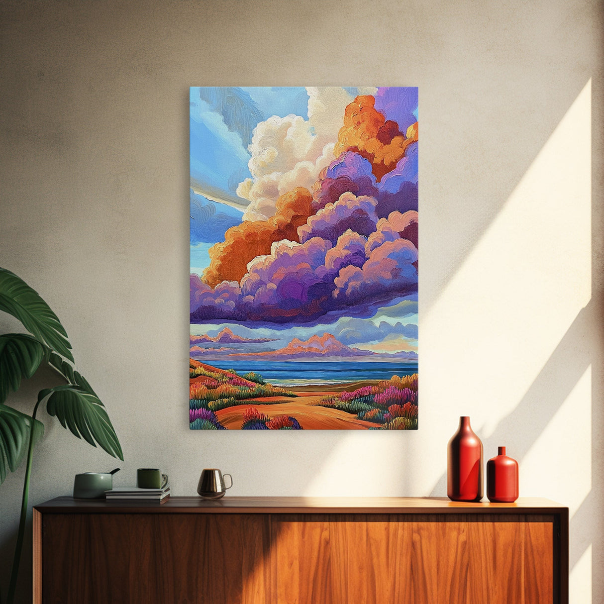 Majestic Cloudscape Art, Sunset Beach Painting, Bold Sky Print, Dreamy Nature Decor, Framed Canvas Print, Living Room Wall Art, surreal art