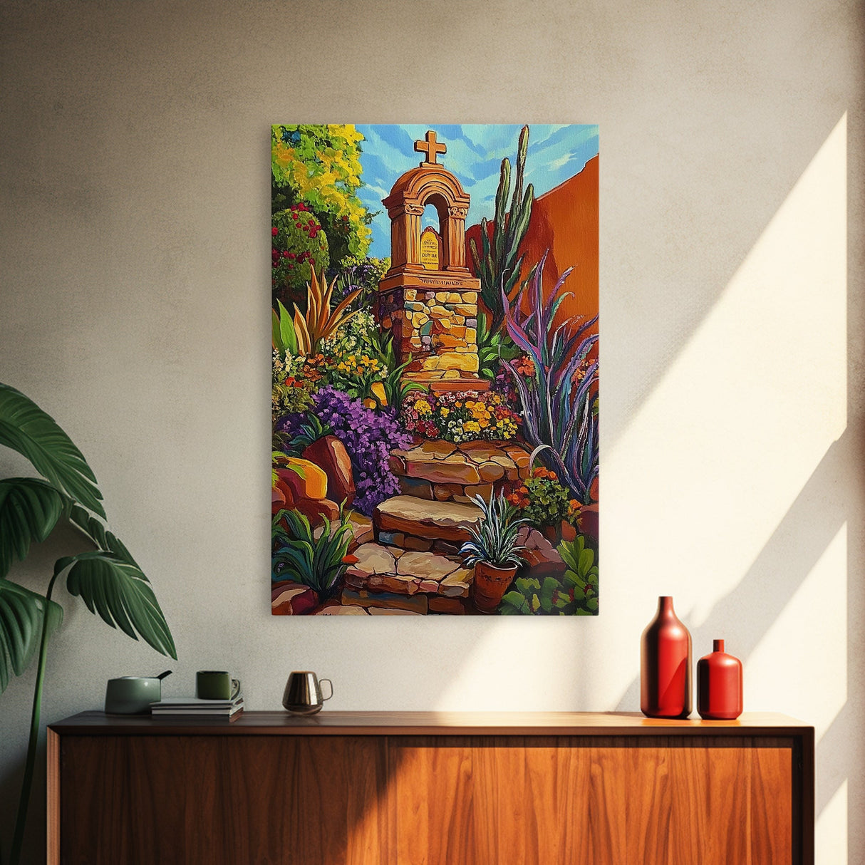 Garden Shrine, Stone Steps, Mission Style, Framed Canvas Print, colorful religious art, desert decor, boho rustic, Living Room Wall Art