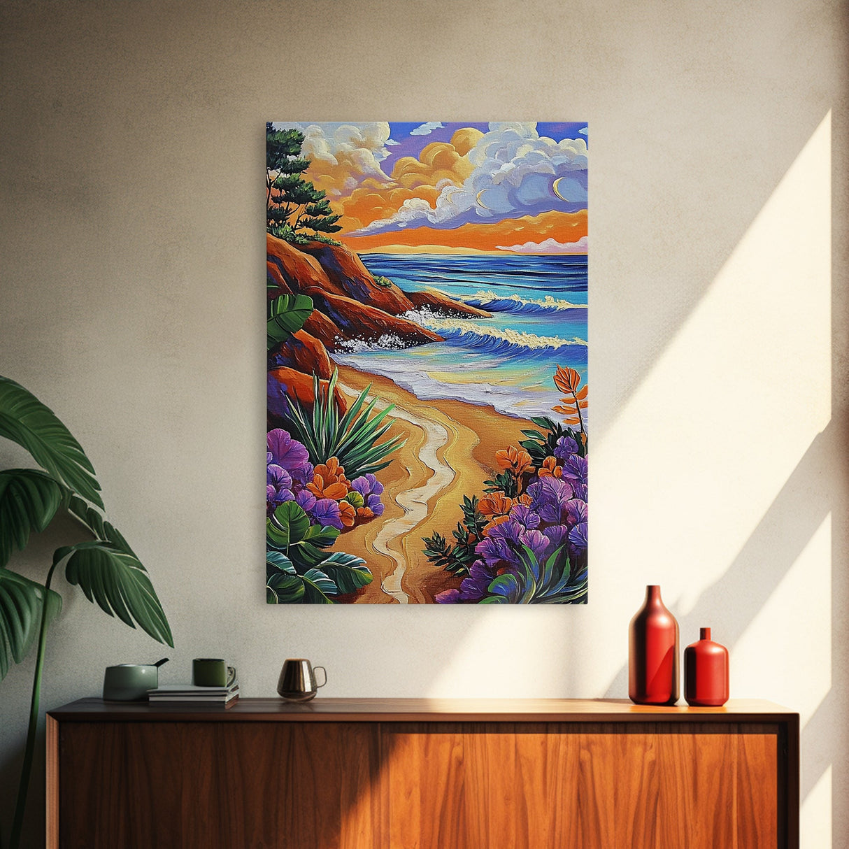 Coastal Sunset, Tropical Beach, Colorful Seascape, Ocean Art, Framed Canvas Print, Vibrant wall decor, Bathroom Wall Art, boho art