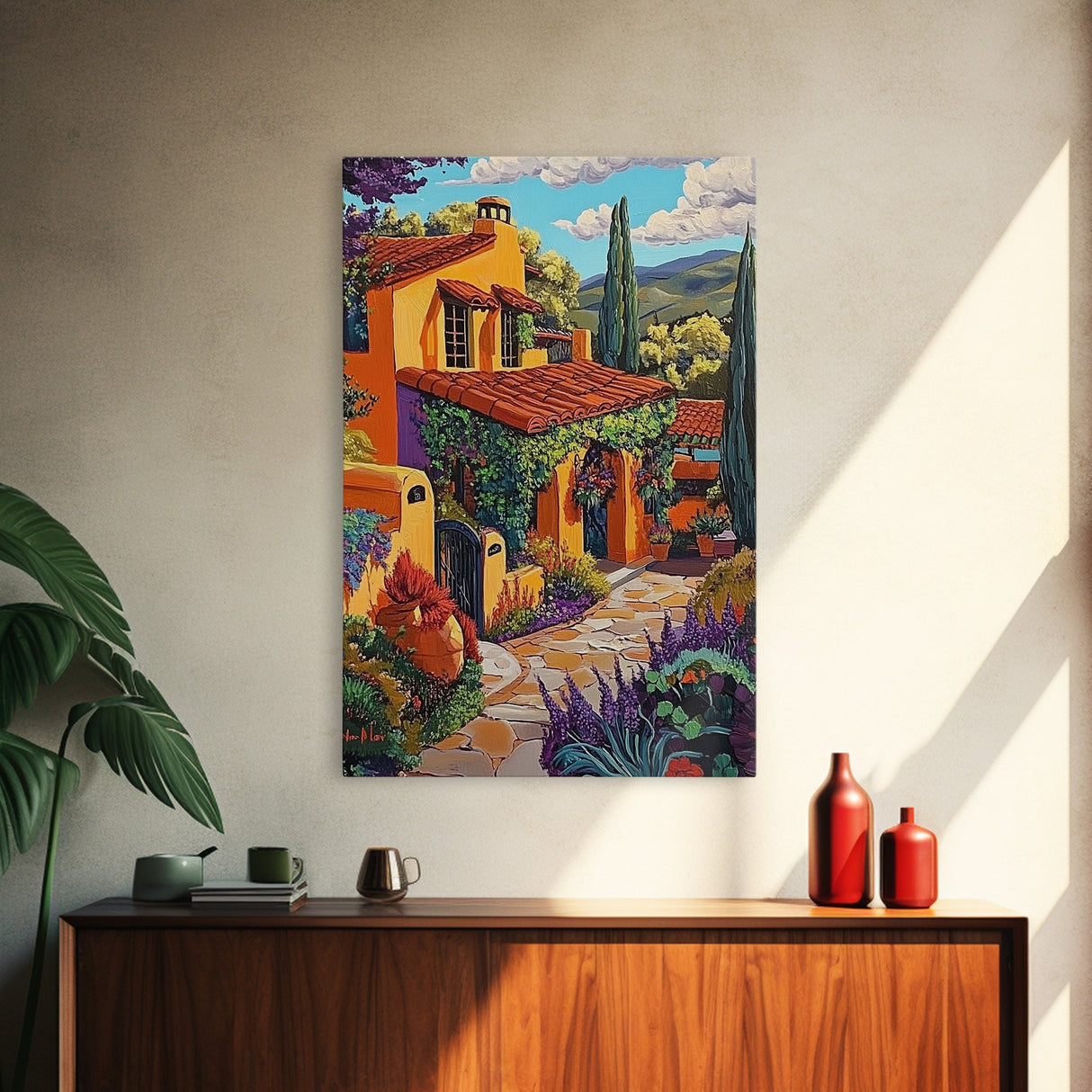Spanish Villa, Rustic Path, Mediterranean Home Decor, Framed Canvas Print, Warm Color Art, Living Room Wall Art, Autumn Architecture Style