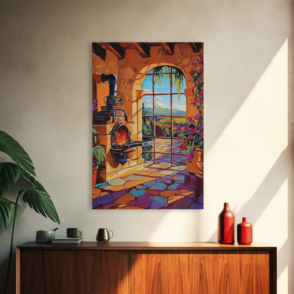 Fireplace View, Warmth, Canvas Print, Rustic Tuscany kitchen wall art, warm cozy interior, country boho style, Mediterranean home decor