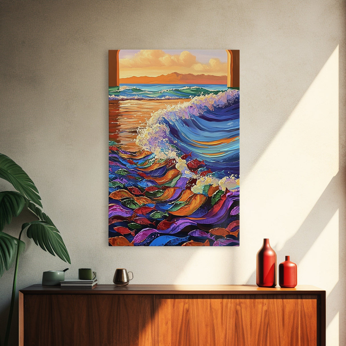 Wave Splash, Colorful Fish, Ocean Dance, Sunset Surf, Framed Canvas Print, Coastal Wall Art, Playroom Decor, Underwater Fantasy Art