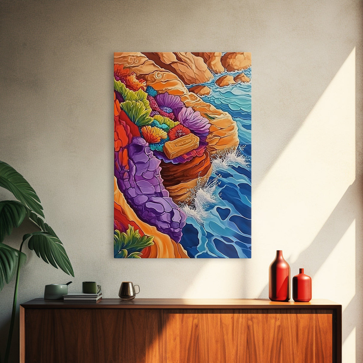 Ocean Cliffs, Colorful Reef, Coastal Abstract, Vibrant Seaside Art, Bathroom Wall Art, Nautical Decor, Canvas Print, Bold Nature Painting