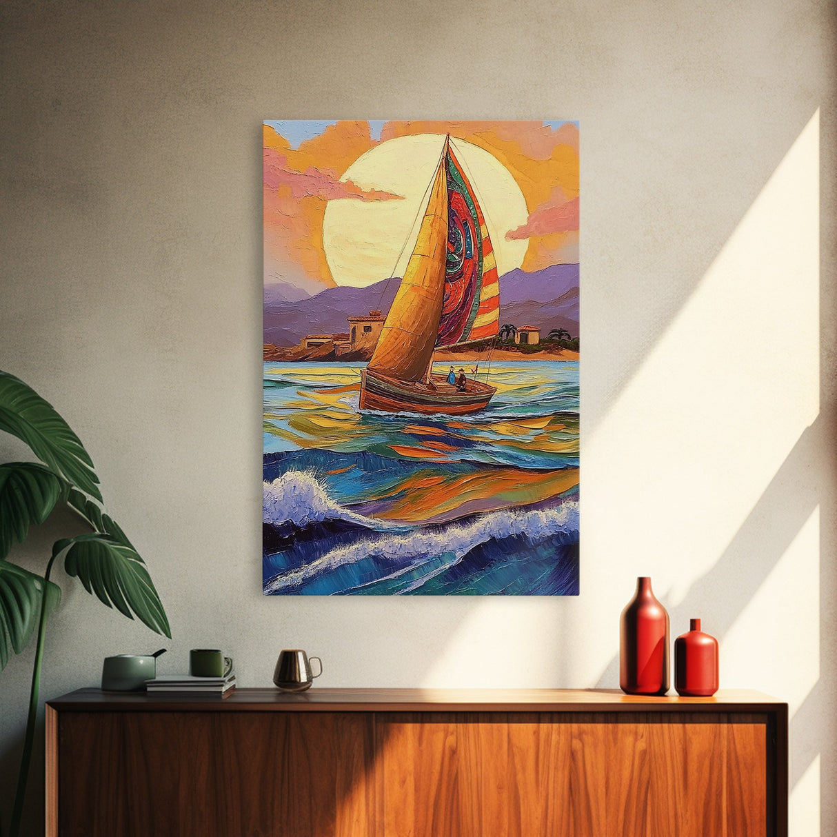 Colorful Sailboat, Coastal Adventure, Sunset Sea, Nautical Art, Living Room Wall Art, Tropical Decor, Framed Canvas Print, Ocean Vibes