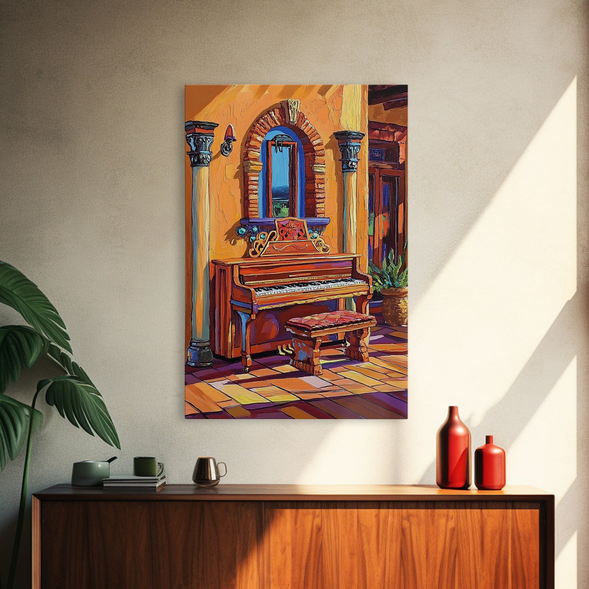 Spanish Piano, Sunlit Interior, Warm Rustic Style, Music Room Wall Art, Traditional Decor, Framed Canvas Print, Mediterranean Home Vibe