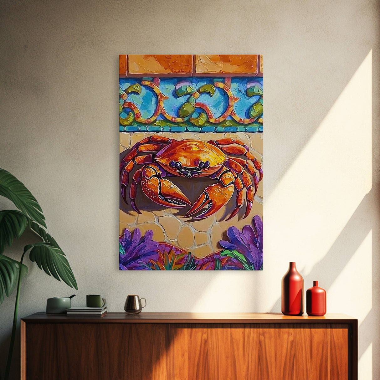 Colorful Crab, Coastal Tile Art, Beachy Wall Accent, Nautical Style, Kitchen Wall Art, Seaside Decor, Canvas Print, Tropical Vibe