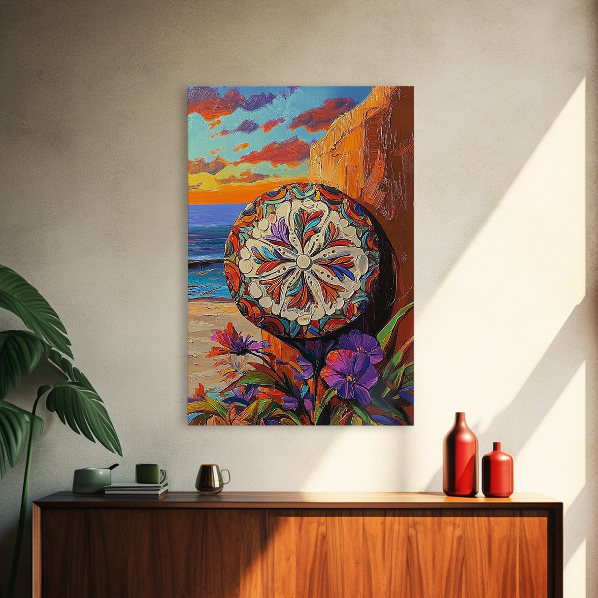 Mandala Sun, Beach Sunset, Boho Symbolism, Coastal Meditation Art, Zen Decor, Living Room Wall Art, Canvas Print, Colorful Texture