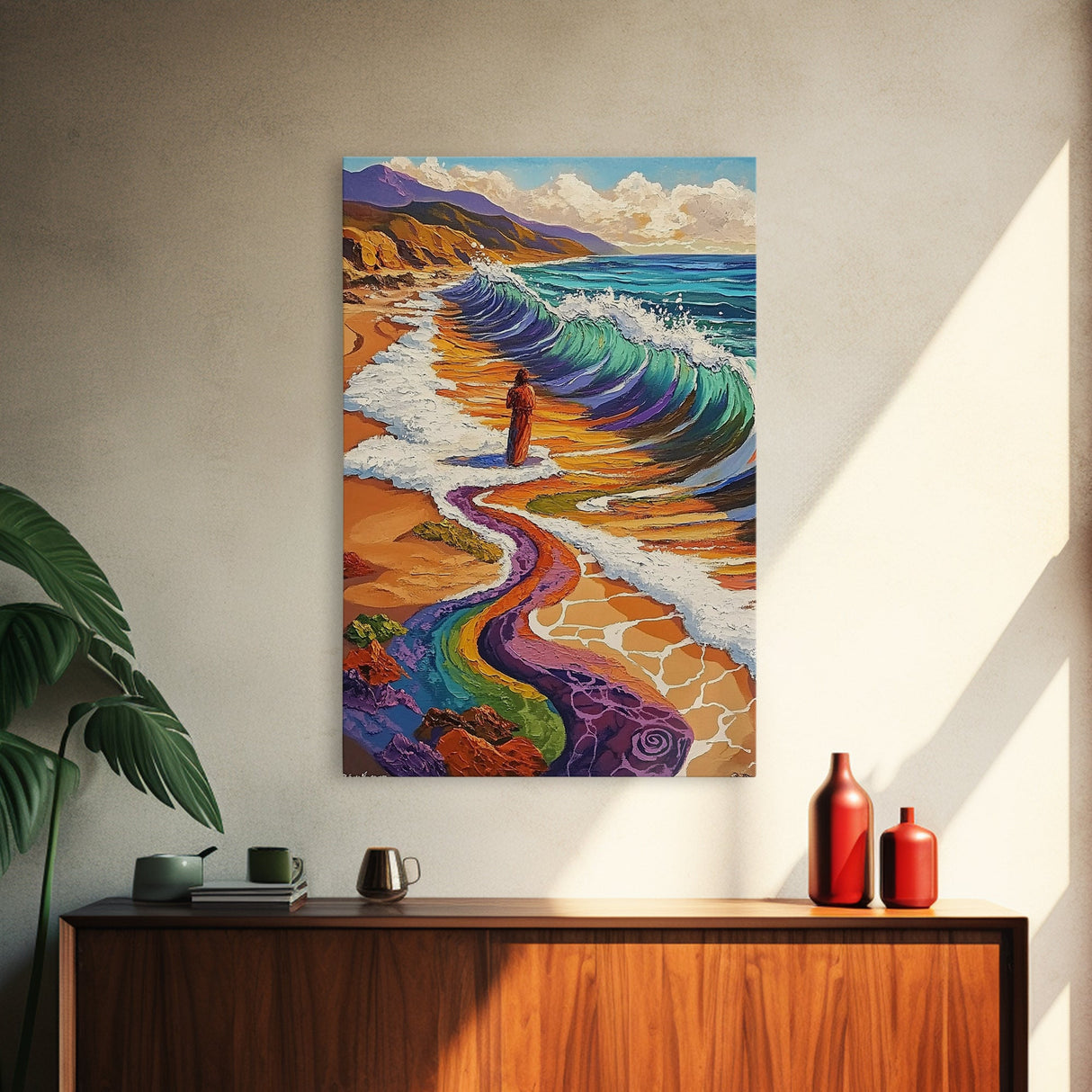 Rainbow Wave, Beach Woman, Mystical Shoreline, Color Explosion, Framed Canvas Print, Spiritual Wall Art, Vibrant Meditation Art